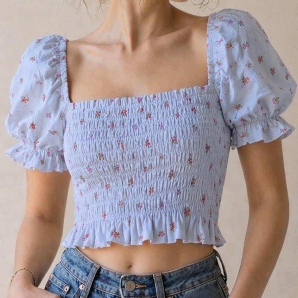 Altar'd State Light Blue Floral Smocked Puff Sleeve Crop Top Square Coquette